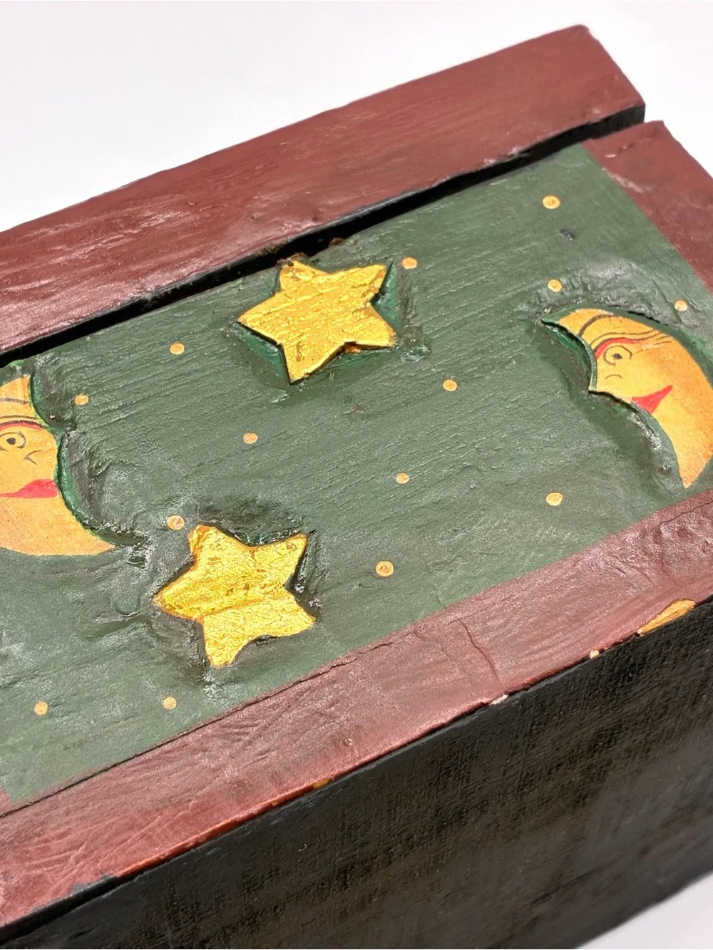 Vintage Folk Art Celestial Sun Moon Yin Yang Wooden Trinket Box